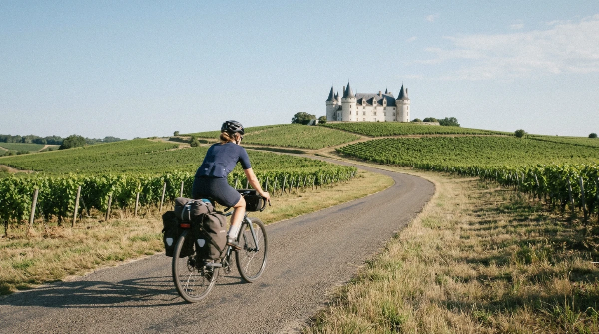 A cyclist riding between vineyards toward a château, a way to explore beyond Loire Valley wine and castle tours from your base