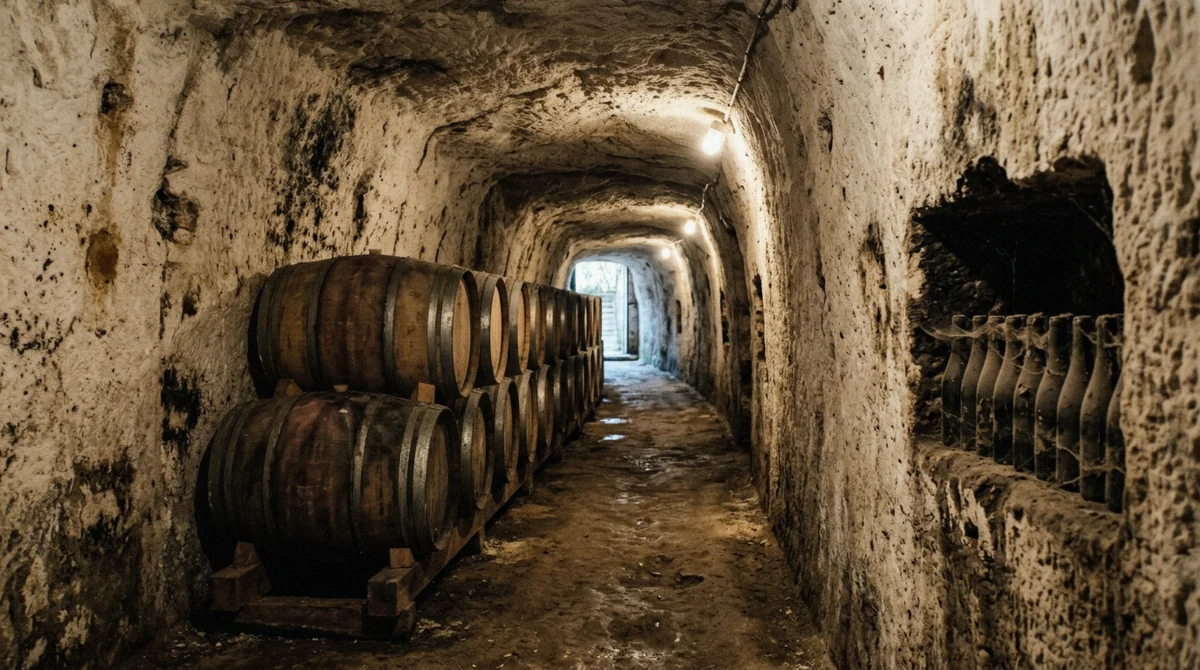 Barrels in a cellar cut into tuffeau rock, typical of the estates on a Loire Valley wine and castle tour