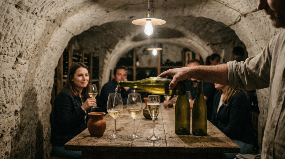 A Vouvray tasting in a cellar cut into tuffeau rock, part of most Loire Valley wine and castle tours