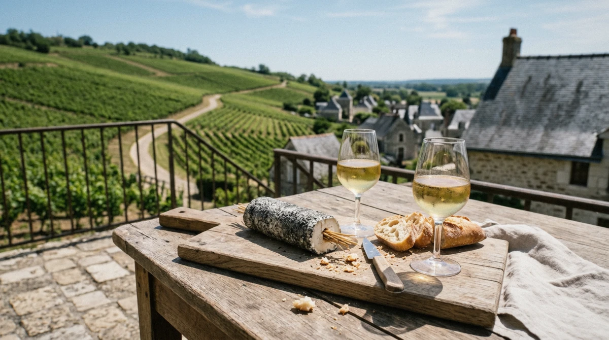 Ash-rolled goat cheese and glasses of Vouvray on a terrace above vines, a pairing on Loire Valley wine and castle tours