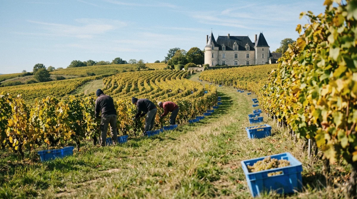 Grape pickers in a Loire Valley vineyard in early October below a manor house, harvest time on Loire Valley wine and castle tours