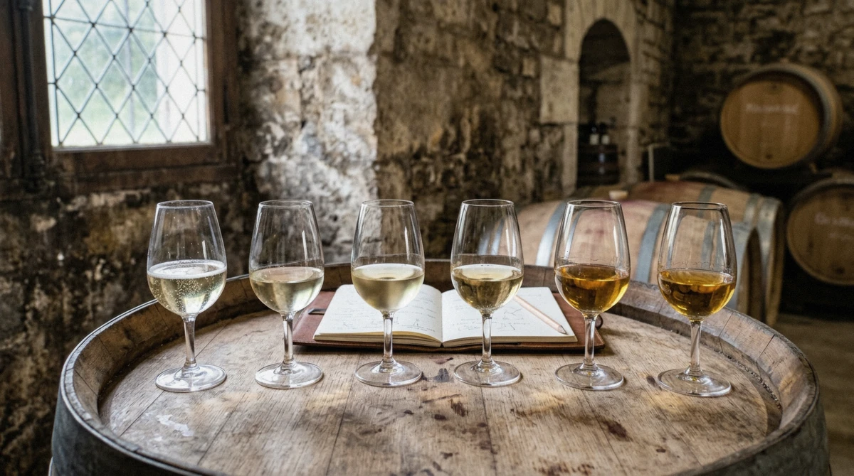 Six Vouvray wines from sparkling to sweet on a barrel, the tasting at a family winery in the Loire Valley