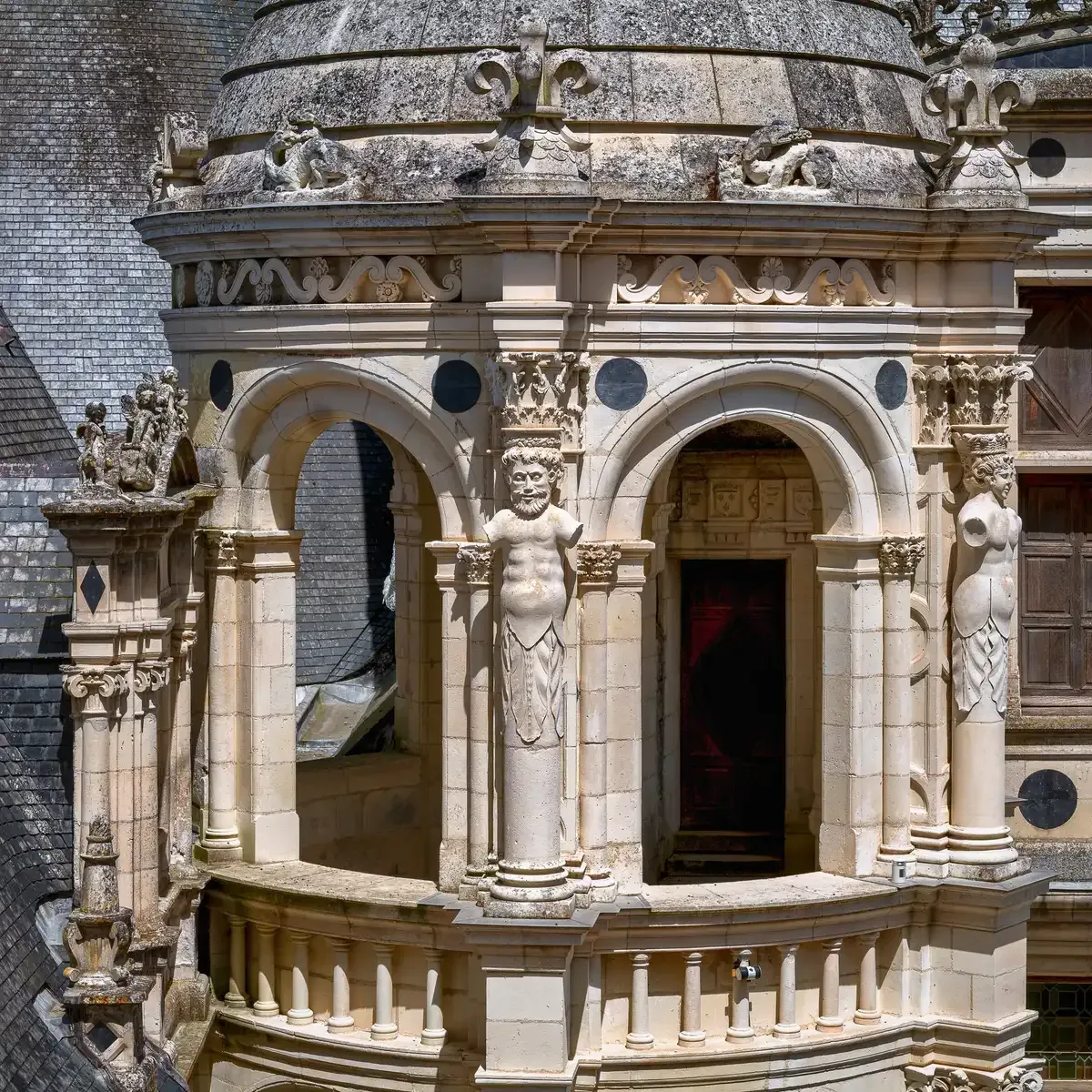 A carved lantern on the roof terrace of Chambord, seen on a Loire Valley wine and castle tour from Paris