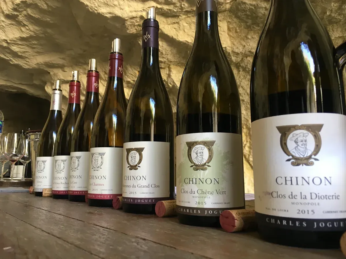 A row of Chinon red wine bottles in a tuffeau cellar, the reds poured on Loire Valley wine and castle tours
