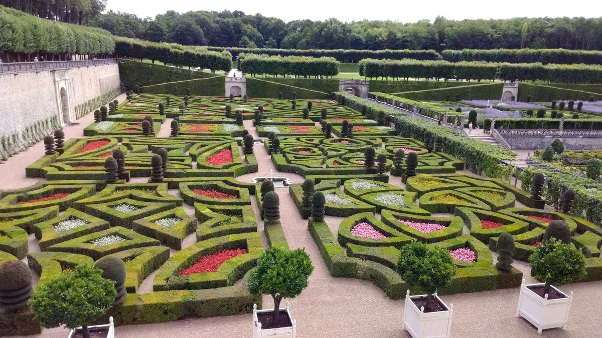 The ornamental parterres of Villandry in full summer colour, the high season for Loire Valley wine and castle tours